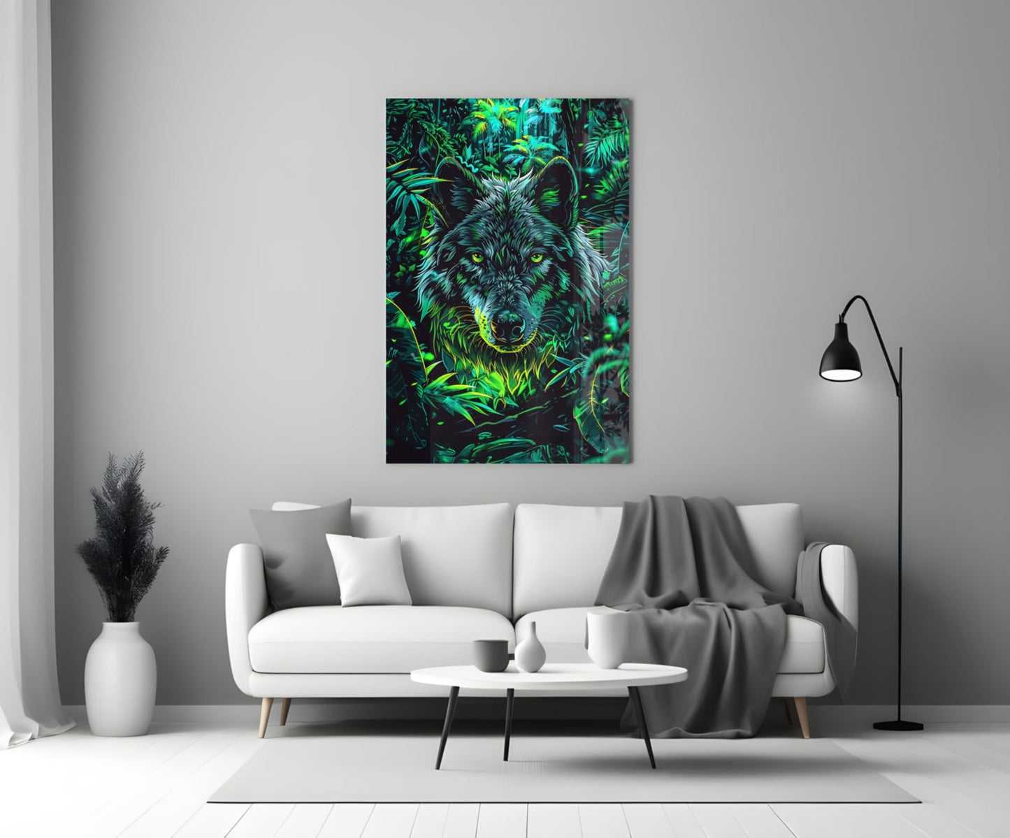 Tropical Foliage Portrait Wolf Glass Wall Art