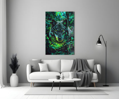 Tropical Foliage Portrait Wolf Glass Wall Art