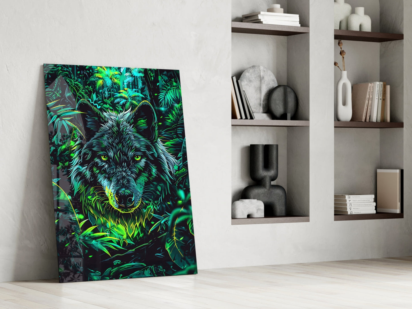 Tropical Foliage Portrait Wolf Glass Wall Art
