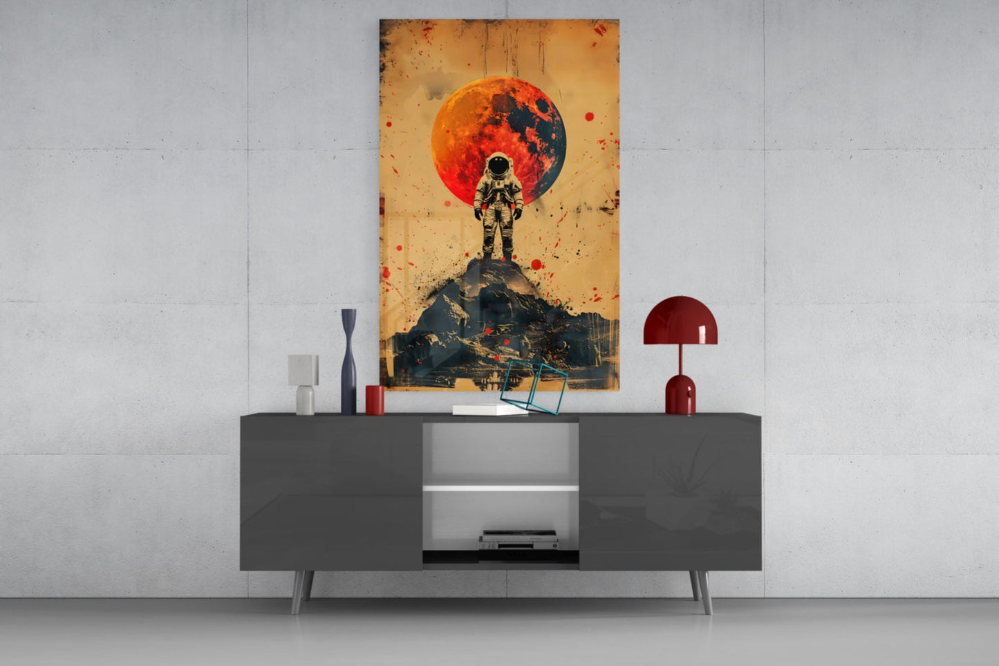 Red Moon Mountain Astronaut Glass Wall Art