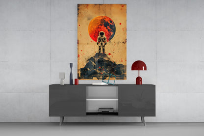 Red Moon Mountain Astronaut Glass Wall Art
