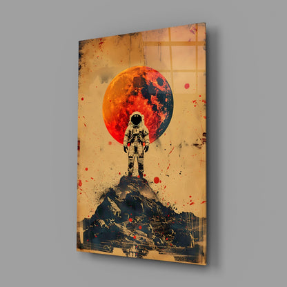 Red Moon Mountain Astronaut Glass Wall Art