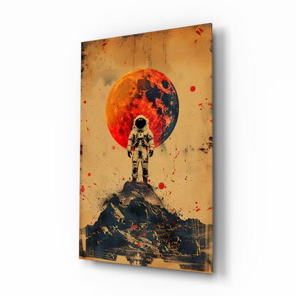 Red Moon Mountain Astronaut Glass Wall Art