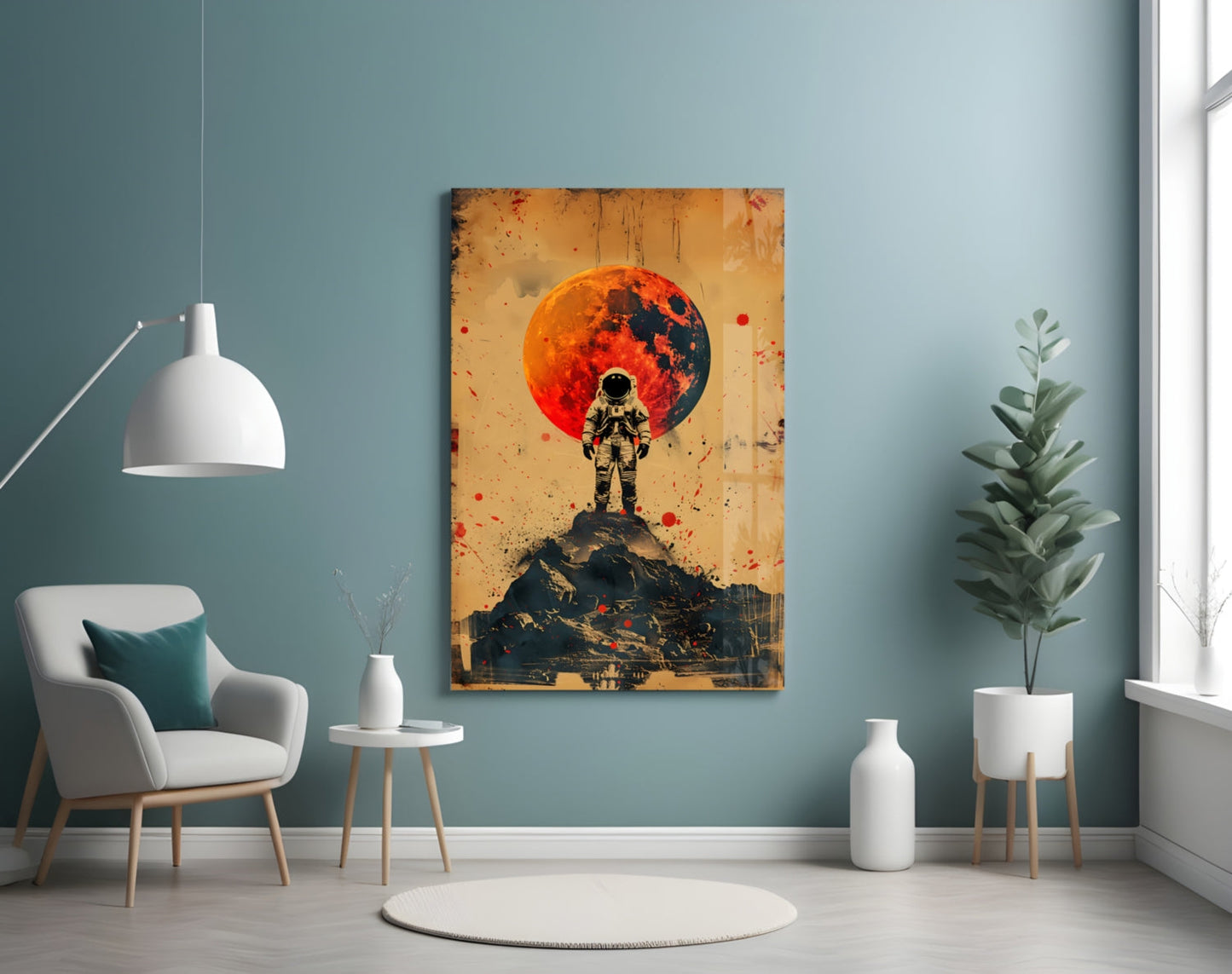 Red Moon Mountain Astronaut Glass Wall Art