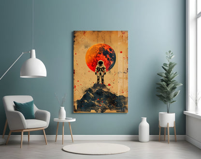 Red Moon Mountain Astronaut Glass Wall Art