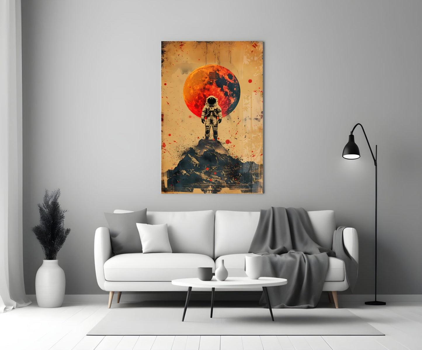 Red Moon Mountain Astronaut Glass Wall Art