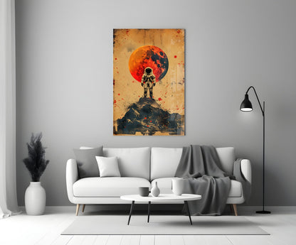 Red Moon Mountain Astronaut Glass Wall Art