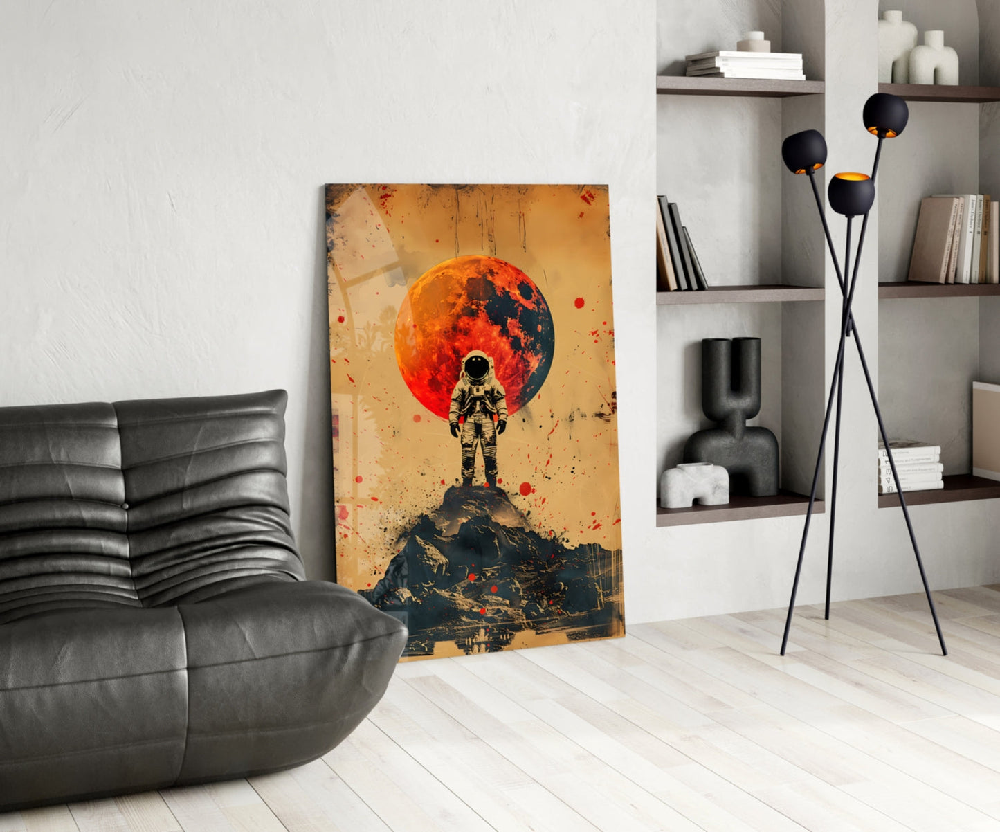 Red Moon Mountain Astronaut Glass Wall Art