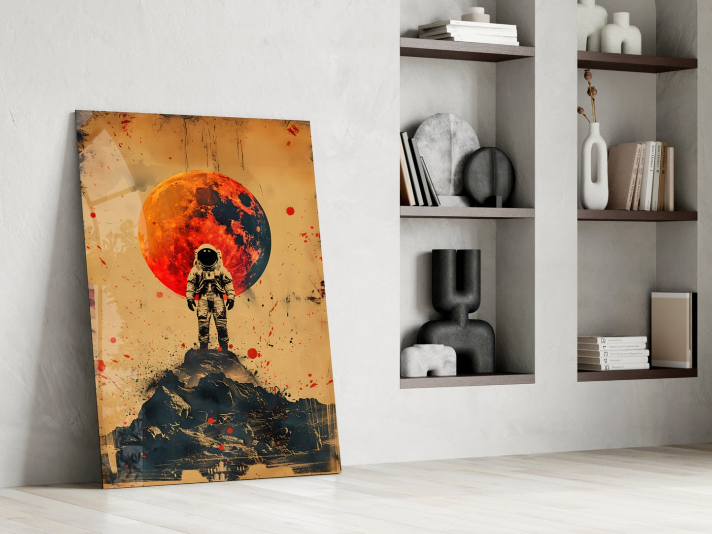 Red Moon Mountain Astronaut Glass Wall Art