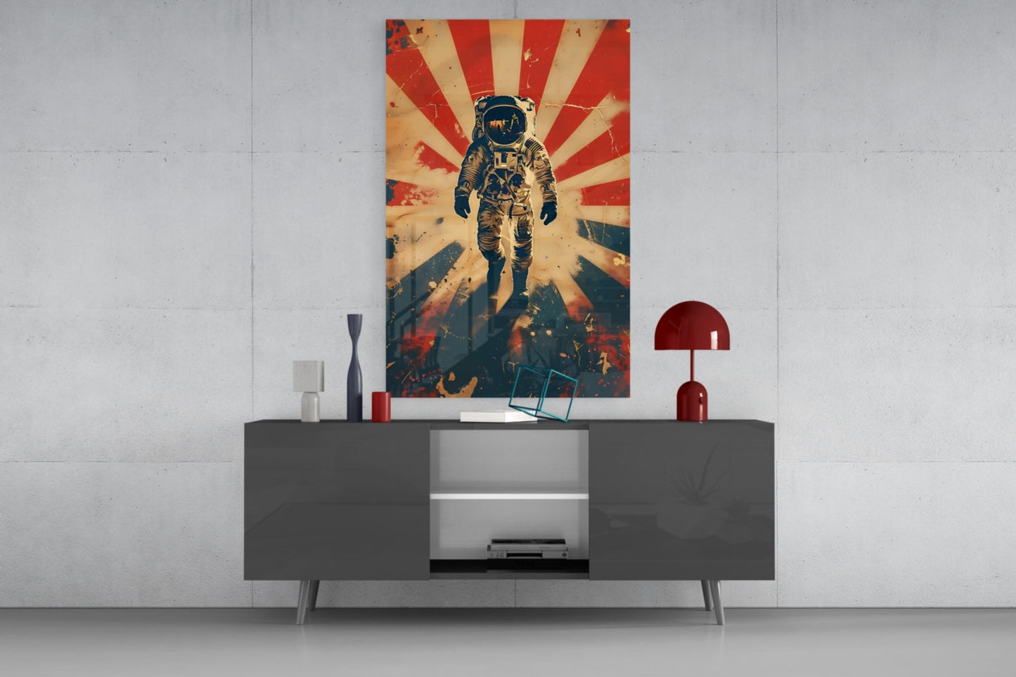 Retro Sun Rays Astronaut Glass Wall Art