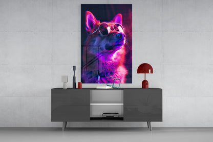 Pink Neon Shiba Aviator Dog with Glasses Glass Wall Art