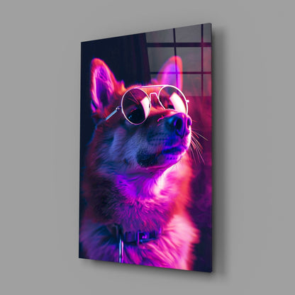 Pink Neon Shiba Aviator Dog with Glasses Glass Wall Art