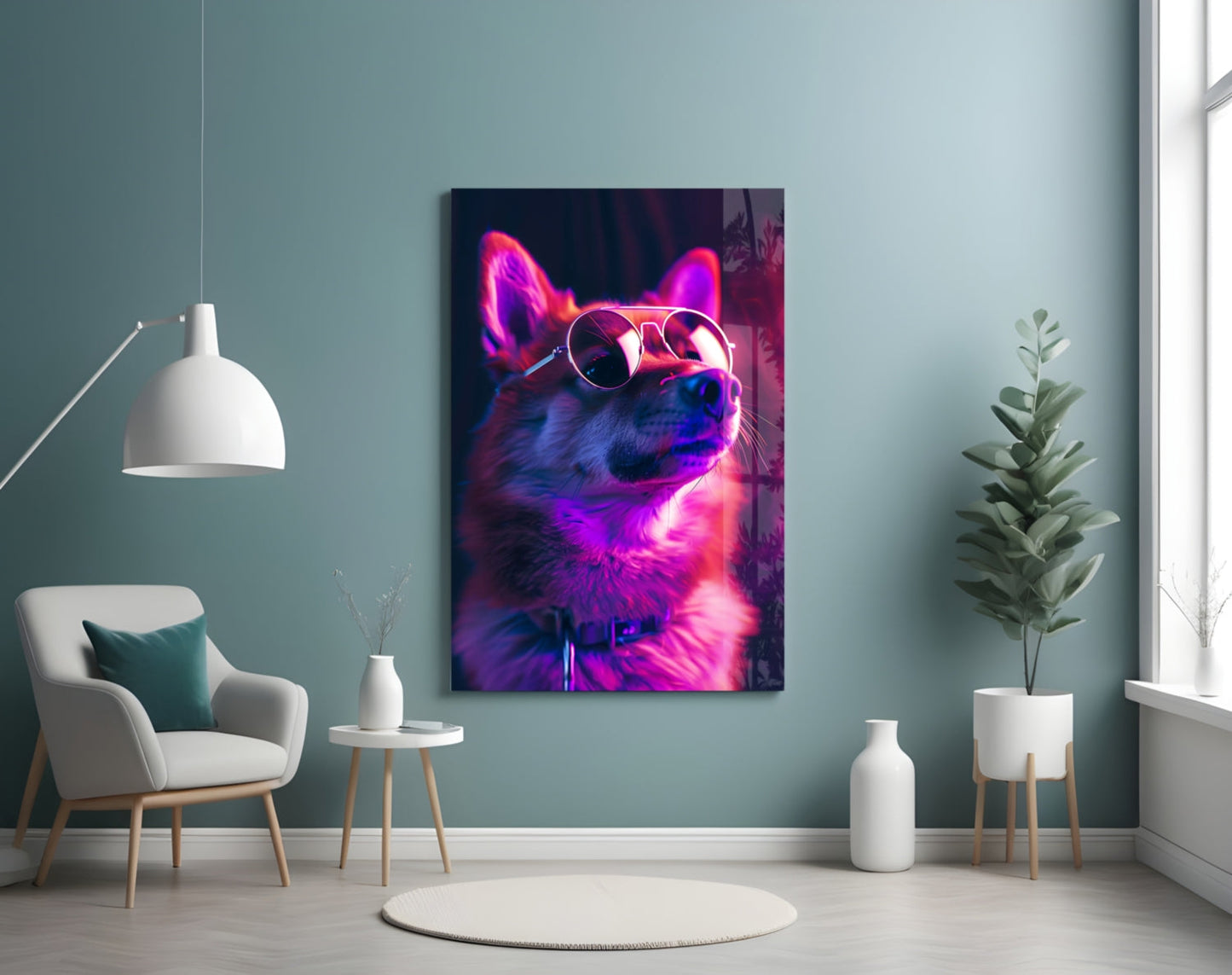 Pink Neon Shiba Aviator Dog with Glasses Glass Wall Art