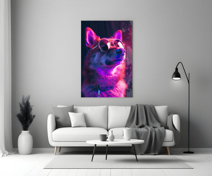 Pink Neon Shiba Aviator Dog with Glasses Glass Wall Art