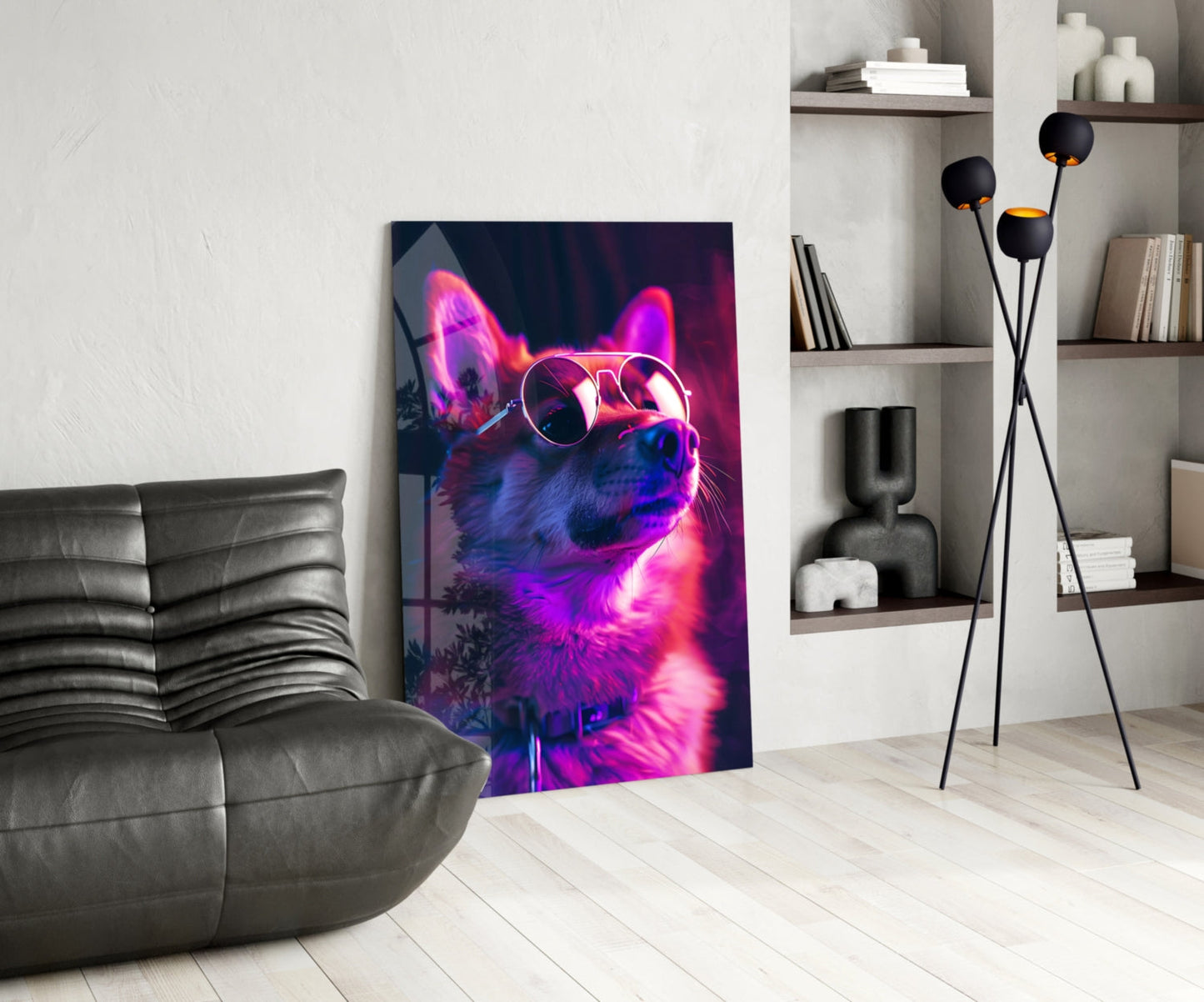 Pink Neon Shiba Aviator Dog with Glasses Glass Wall Art