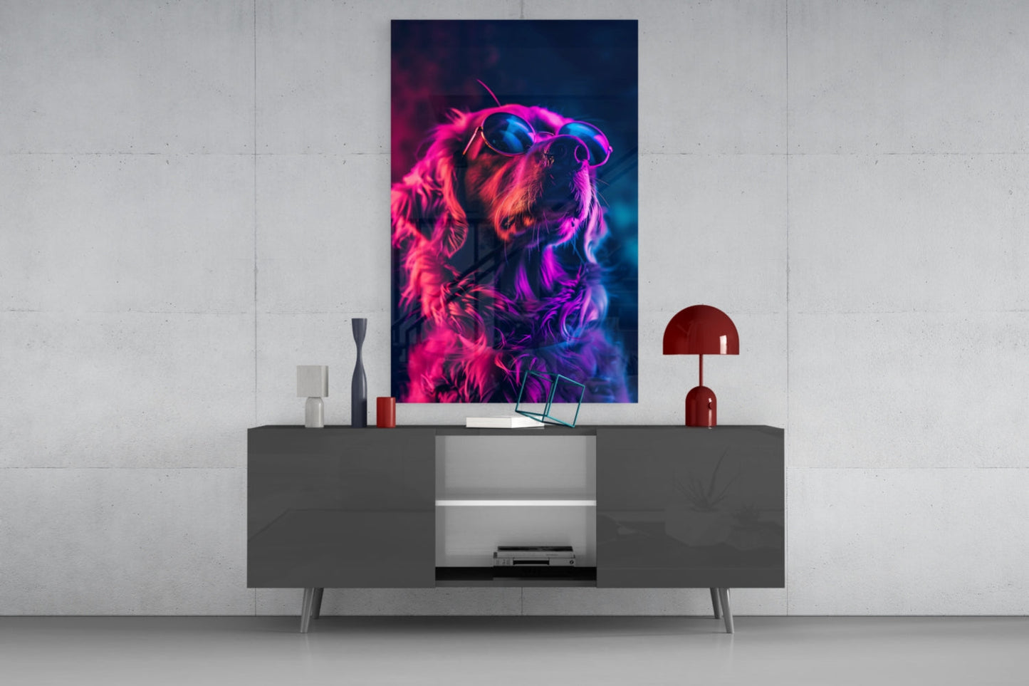 Magenta Glow Retriever Dog with Glasses Glass Wall Art
