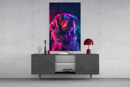 Magenta Glow Retriever Dog with Glasses Glass Wall Art