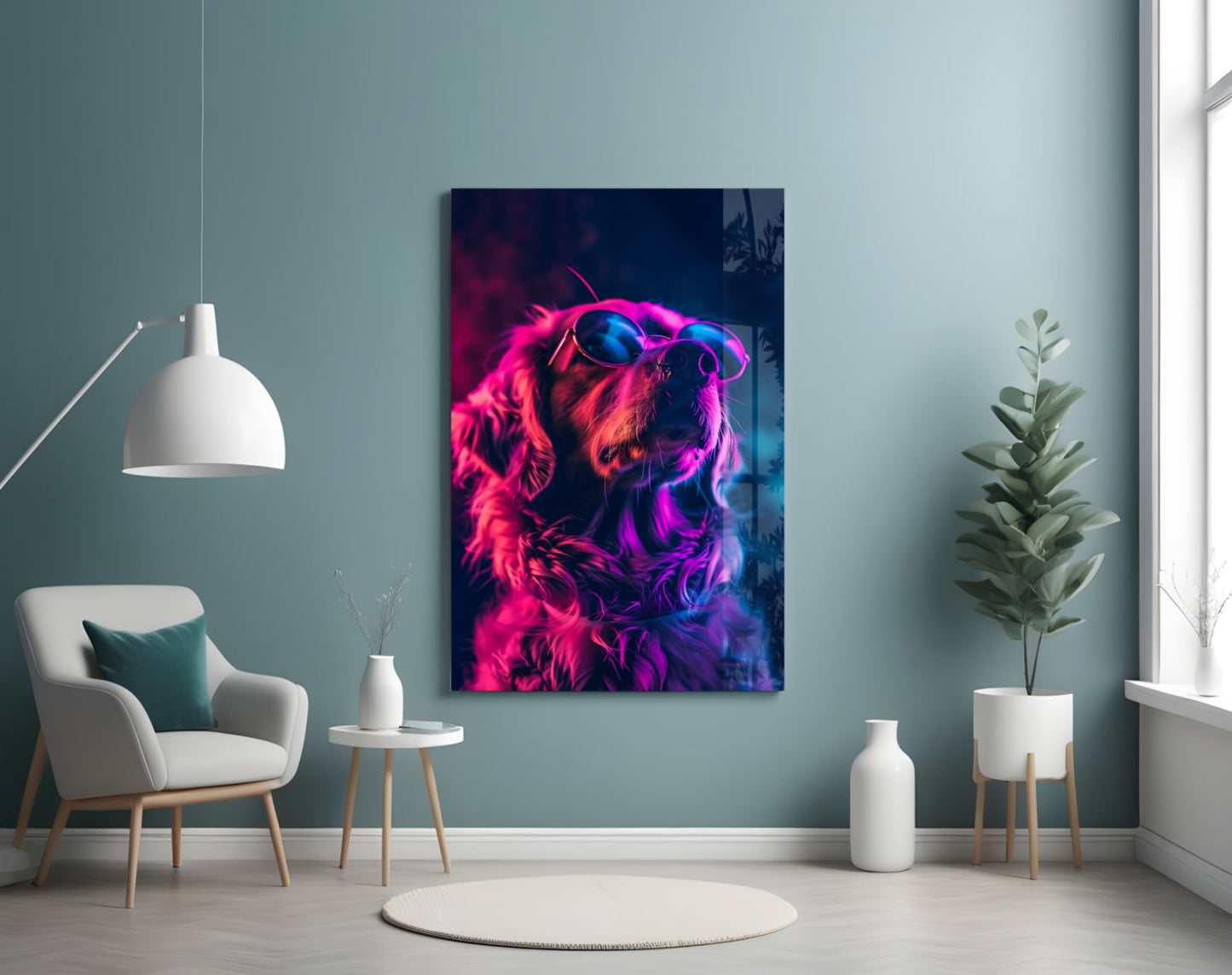 Magenta Glow Retriever Dog with Glasses Glass Wall Art