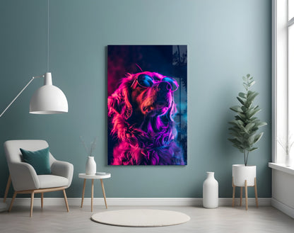 Magenta Glow Retriever Dog with Glasses Glass Wall Art