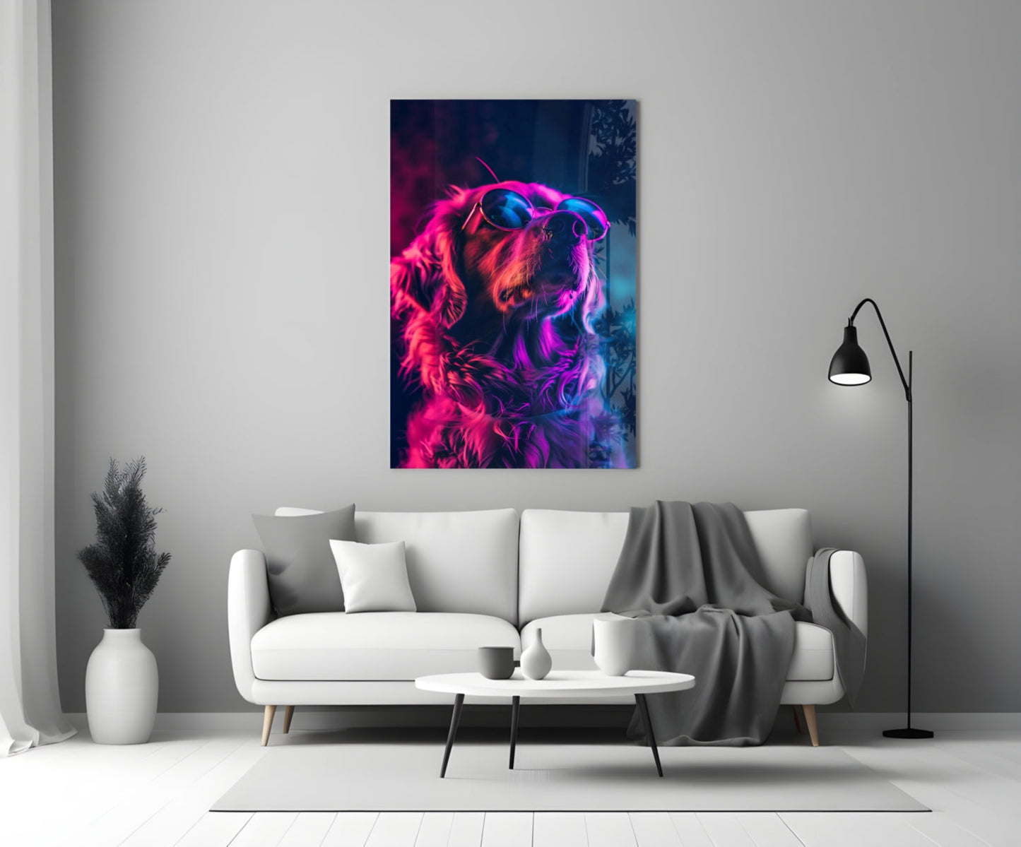Magenta Glow Retriever Dog with Glasses Glass Wall Art