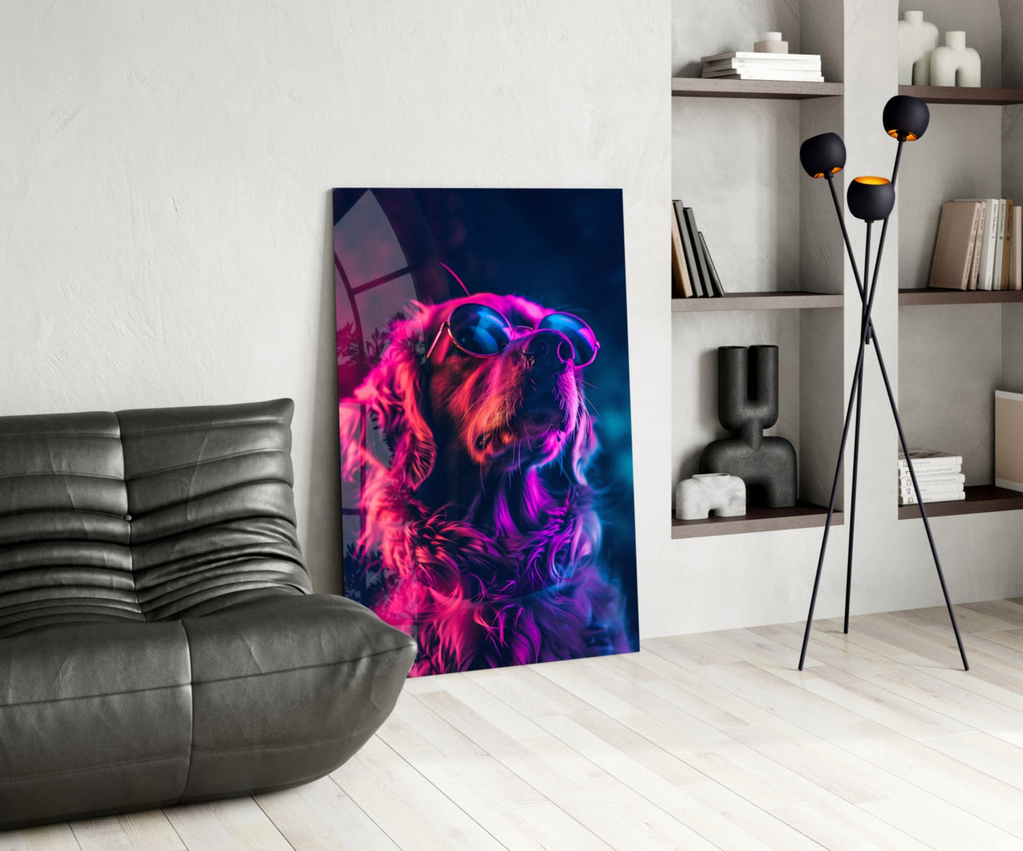 Magenta Glow Retriever Dog with Glasses Glass Wall Art