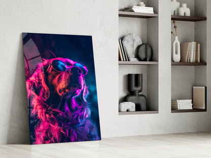 Magenta Glow Retriever Dog with Glasses Glass Wall Art