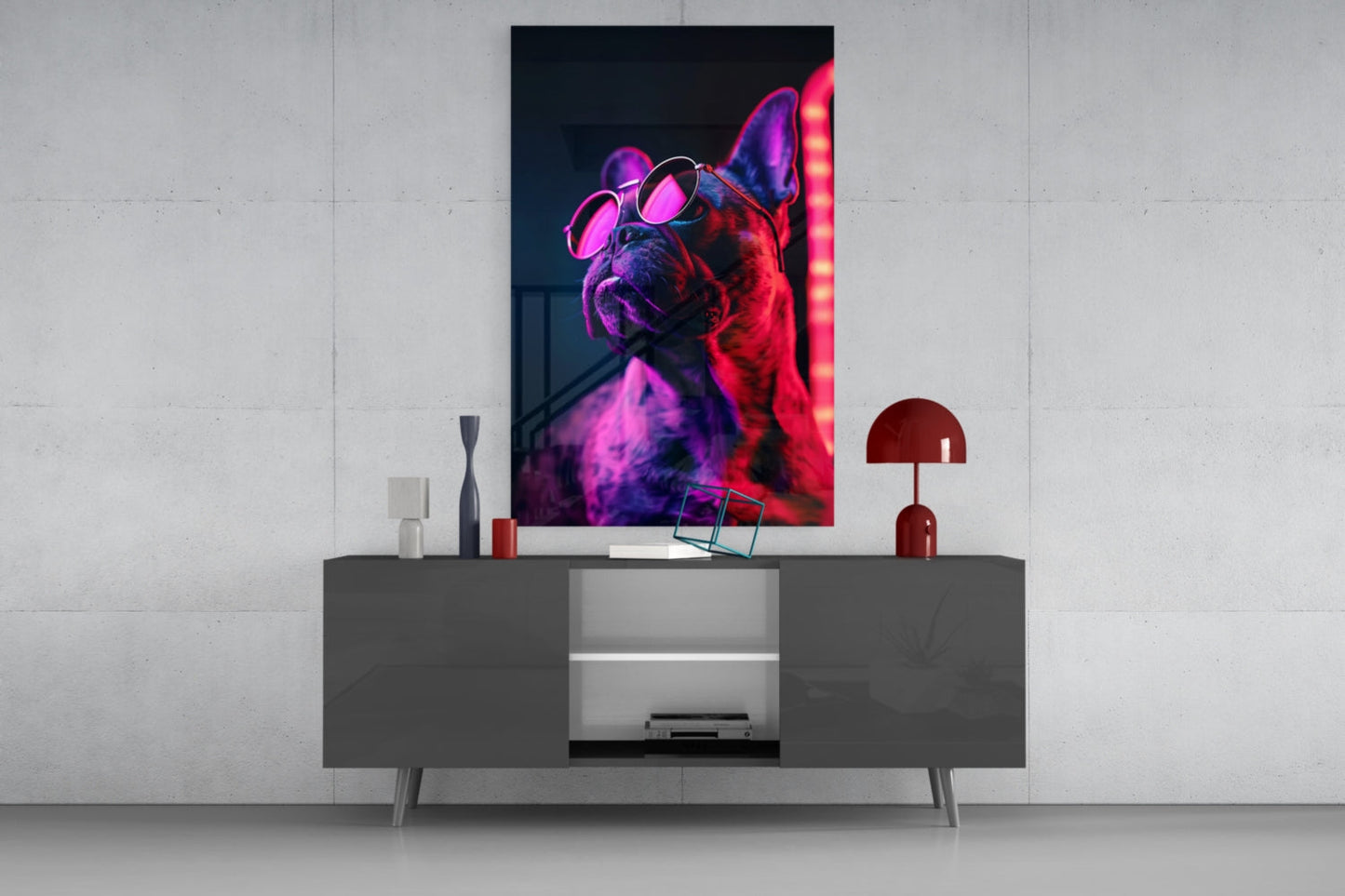 Red Neon Bulldog Round Frames Dog with Glasses Glass Wall Art