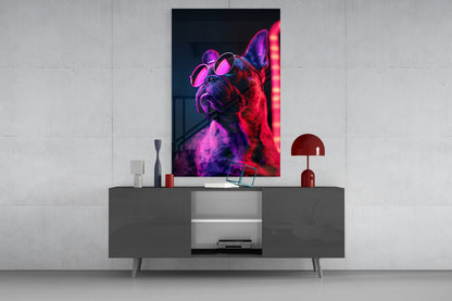 Red Neon Bulldog Round Frames Dog with Glasses Glass Wall Art