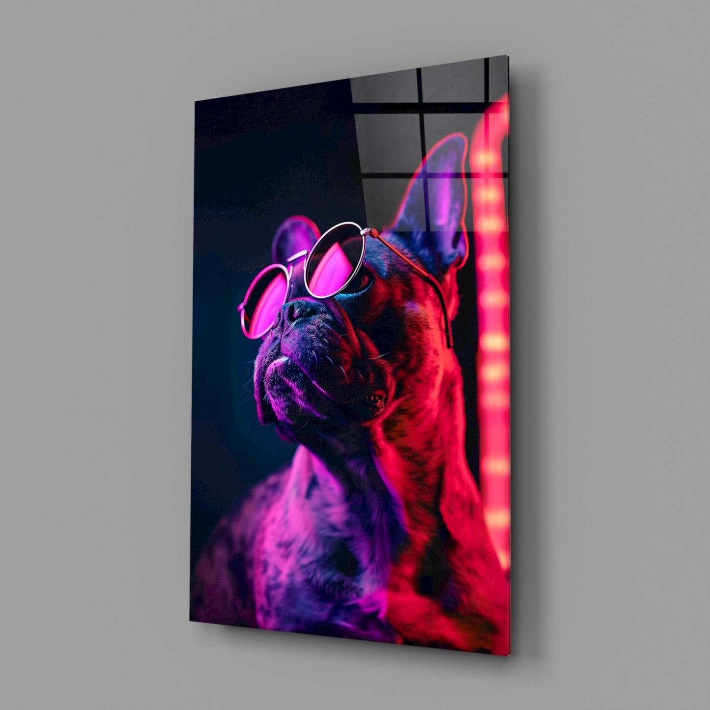 Red Neon Bulldog Round Frames Dog with Glasses Glass Wall Art