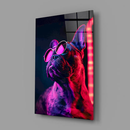 Red Neon Bulldog Round Frames Dog with Glasses Glass Wall Art