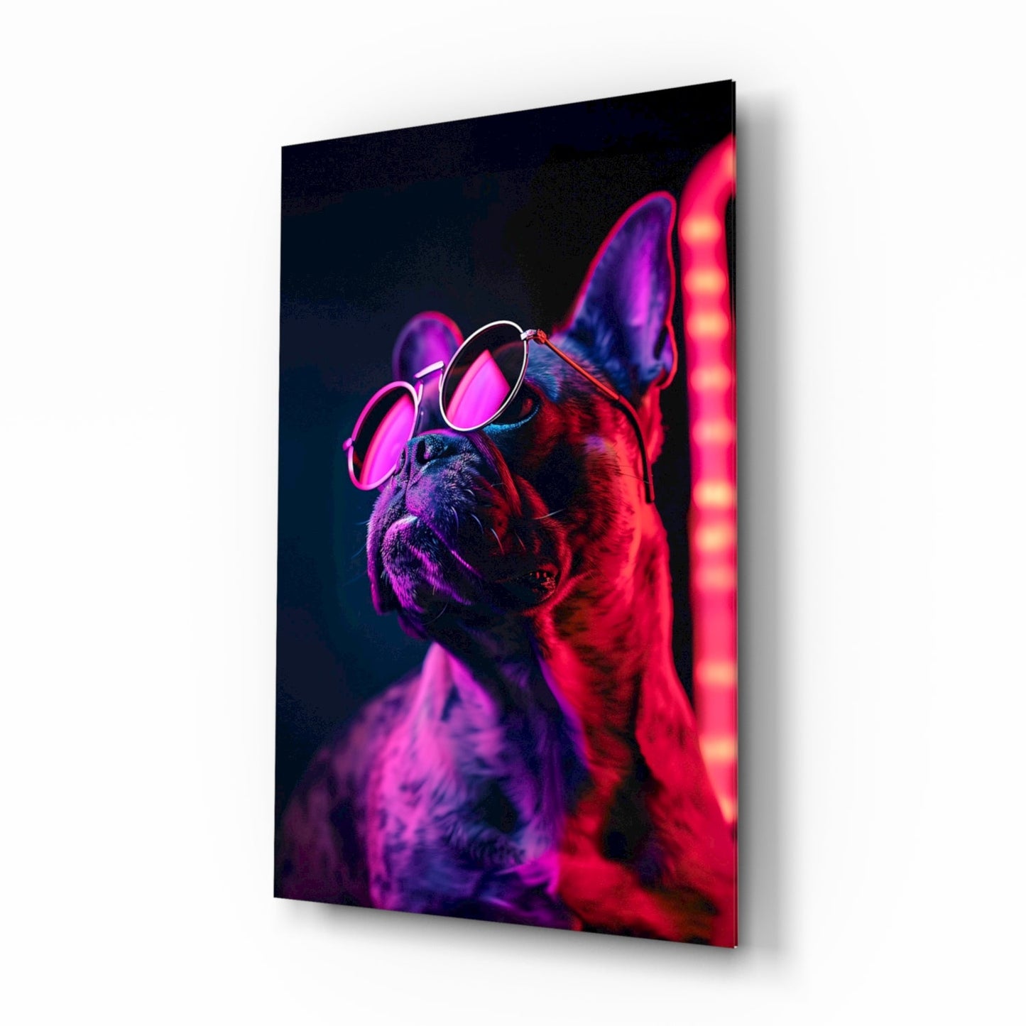 Red Neon Bulldog Round Frames Dog with Glasses Glass Wall Art