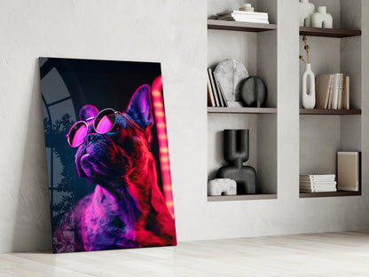 Red Neon Bulldog Round Frames Dog with Glasses Glass Wall Art