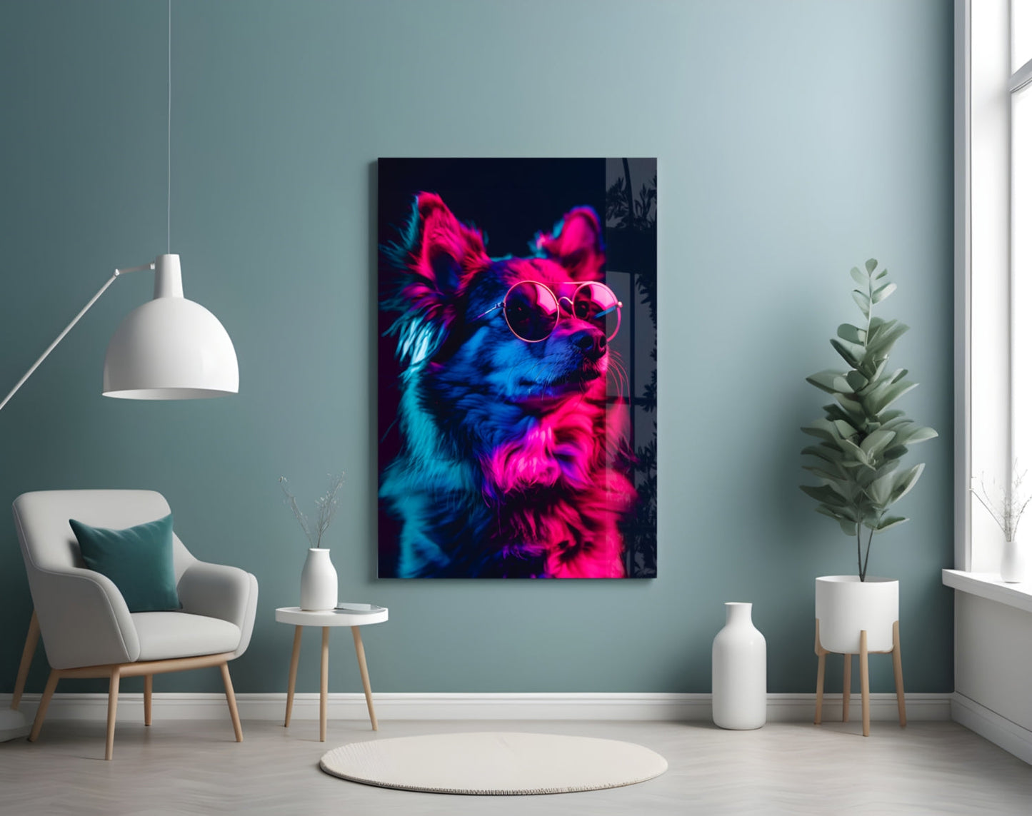 Blue and Pink Fluffy Chihuahua Dog with Glasses Glass Wall Art