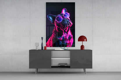 Purple Neon Frenchie Looking Up Dog with Glasses Glass Wall Art