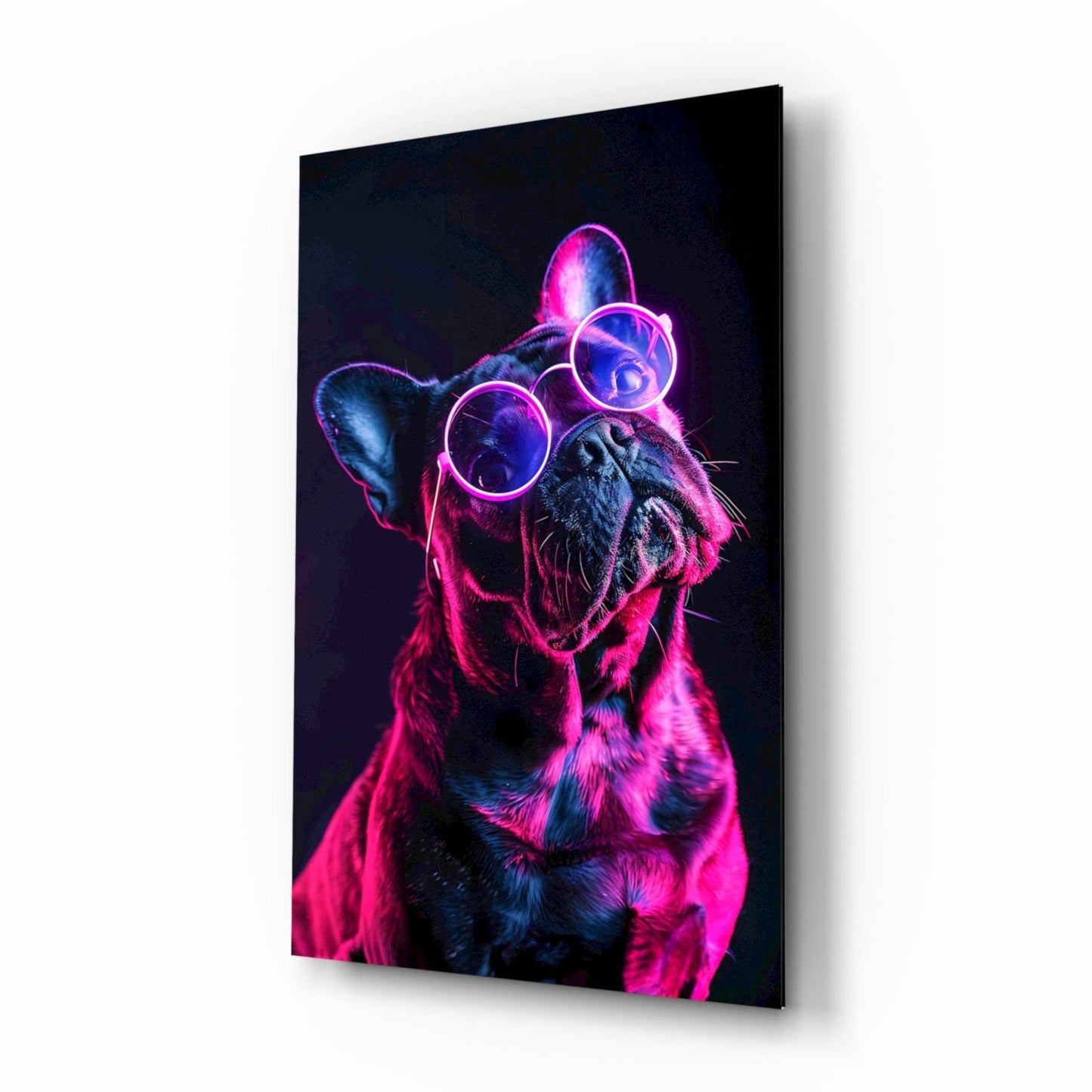Purple Neon Frenchie Looking Up Dog with Glasses Glass Wall Art