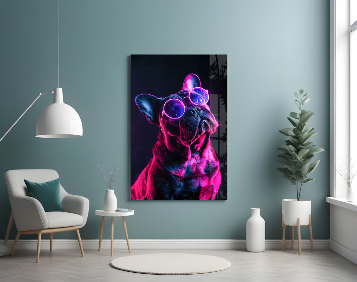 Purple Neon Frenchie Looking Up Dog with Glasses Glass Wall Art
