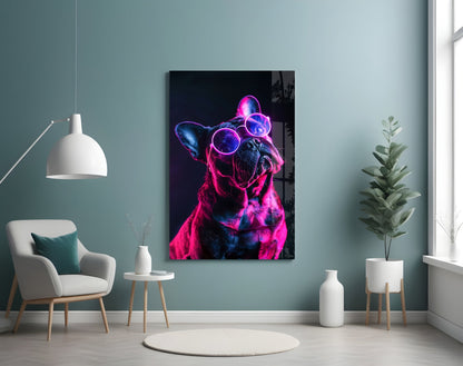 Purple Neon Frenchie Looking Up Dog with Glasses Glass Wall Art