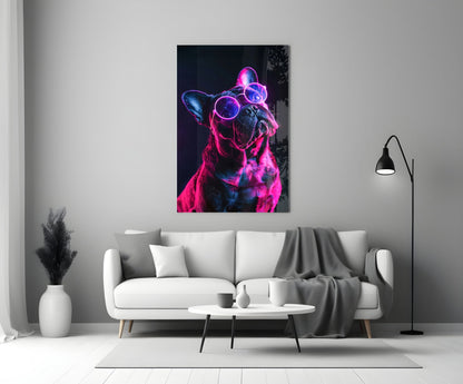 Purple Neon Frenchie Looking Up Dog with Glasses Glass Wall Art