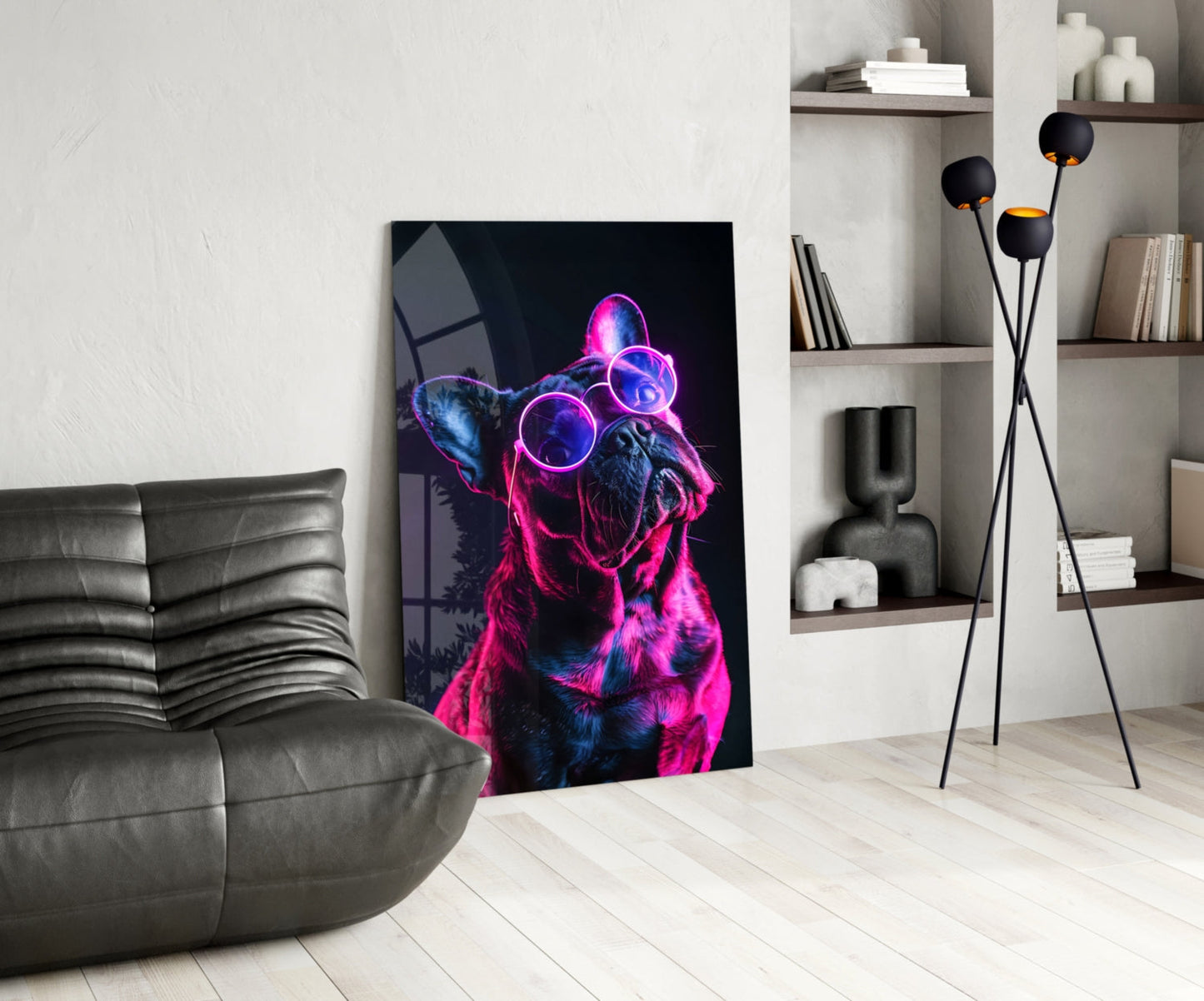 Purple Neon Frenchie Looking Up Dog with Glasses Glass Wall Art