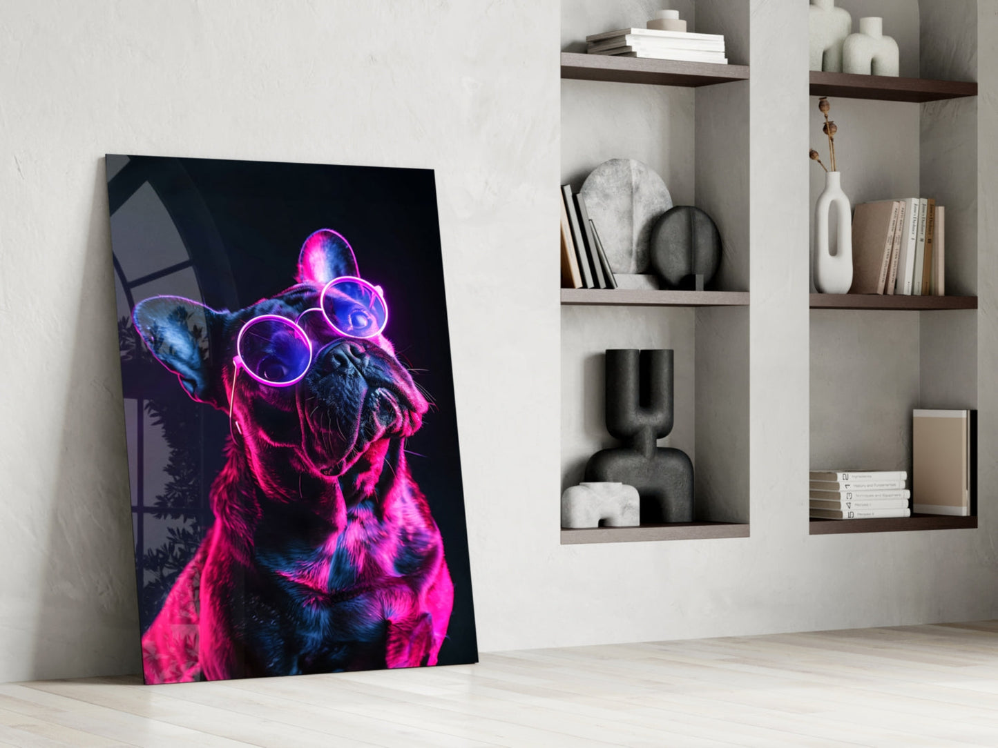 Purple Neon Frenchie Looking Up Dog with Glasses Glass Wall Art