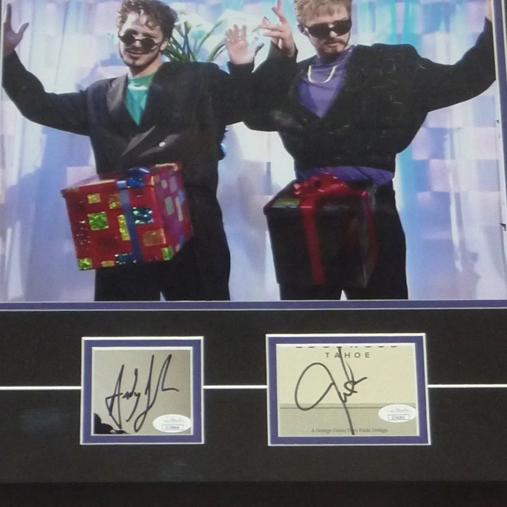 Dual autographed SNL Justin Timberlake Andy Samberg framed photo in red gift box with green ribbon