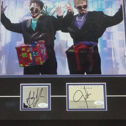 Dual autographed SNL Justin Timberlake Andy Samberg framed photo in red gift box with green ribbon
