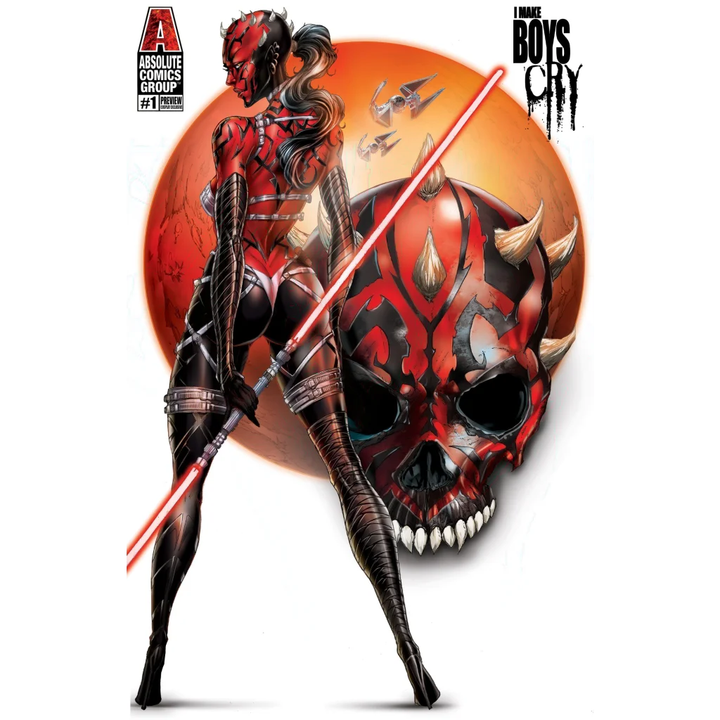 Red Sith warrior with dual bladed trade comic lightsaber and horned skull on orange planet