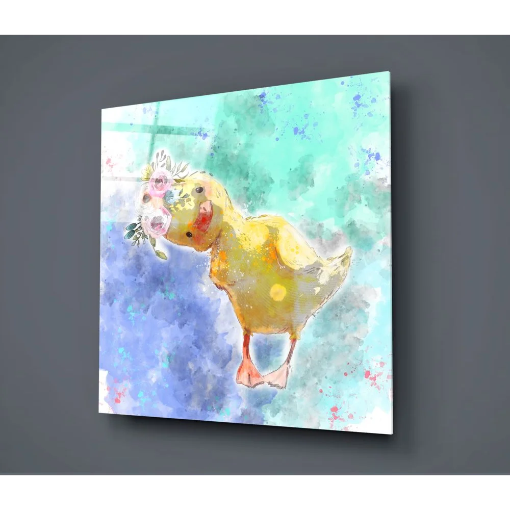 Glass Wall Art Adorable yellow duck glass wall art with pink green floral watercolor design