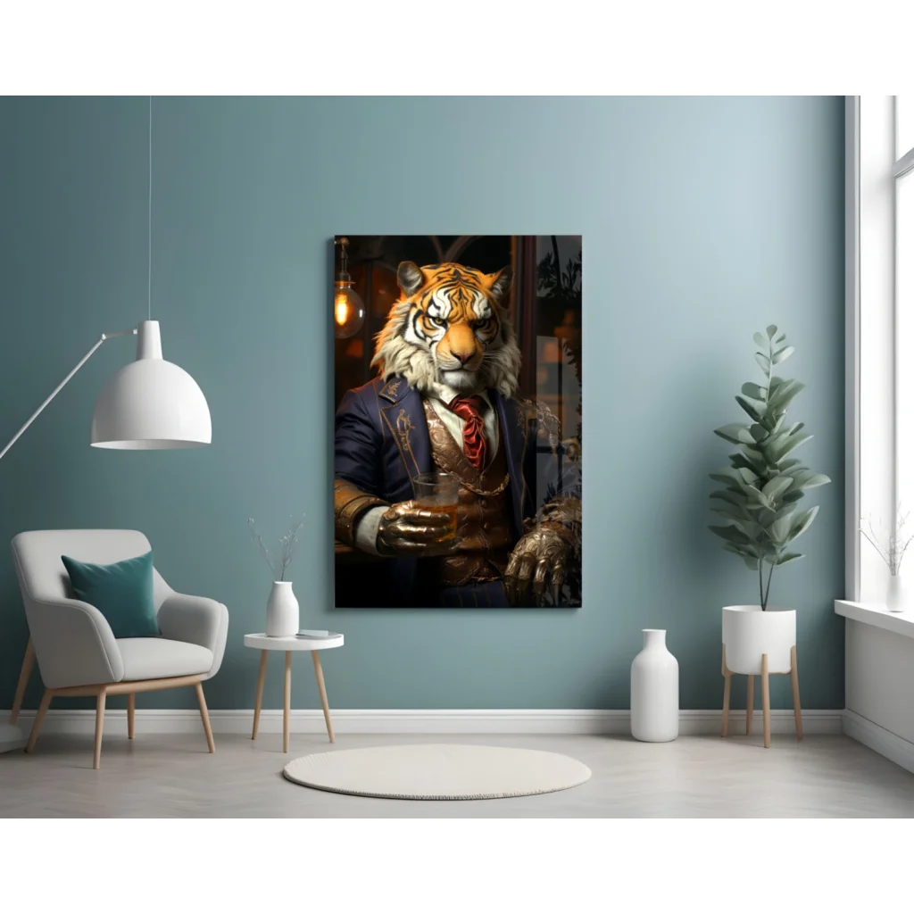 Dapper tiger in navy suit with red tie, holding glass wall art