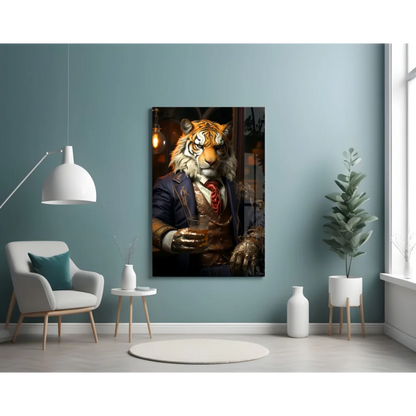Dapper tiger in navy suit with red tie, holding glass wall art