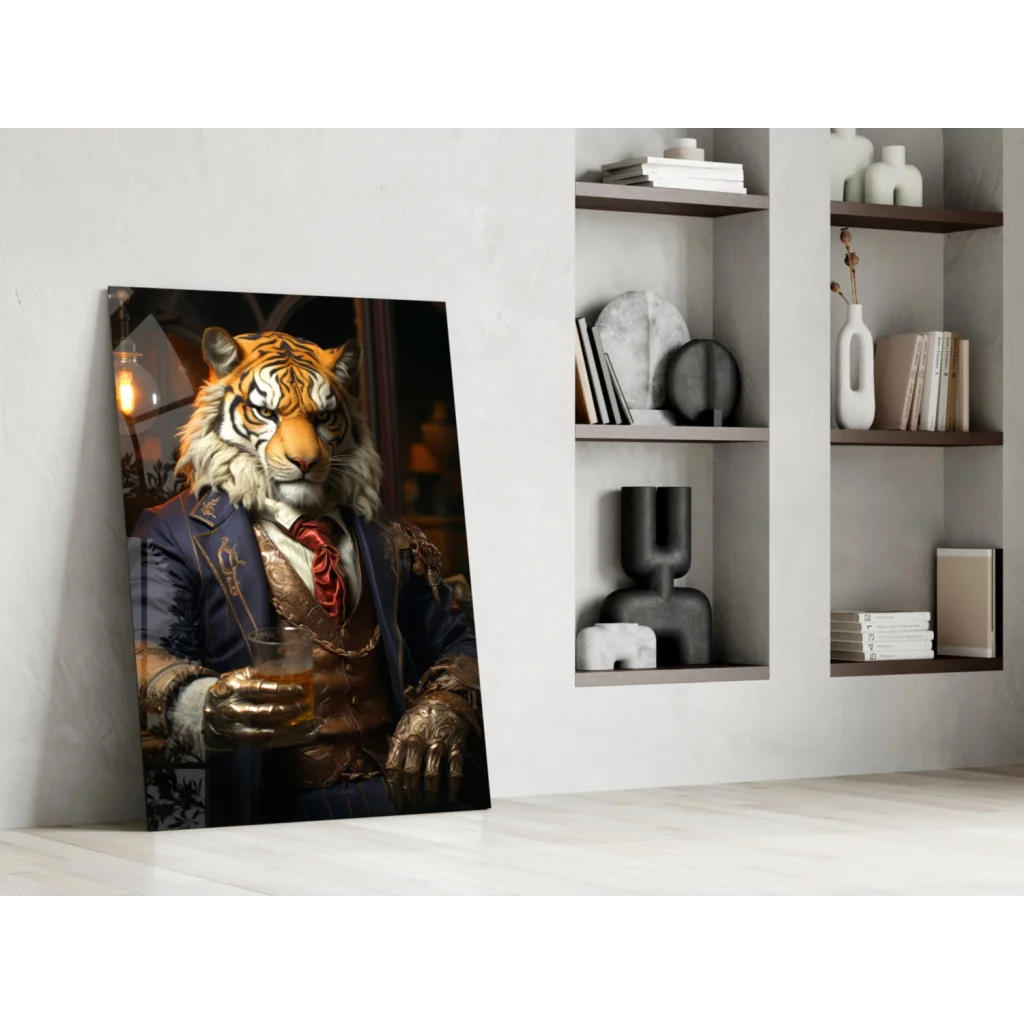 Dapper Tiger in Navy Suit canvas wall art with whiskey glass