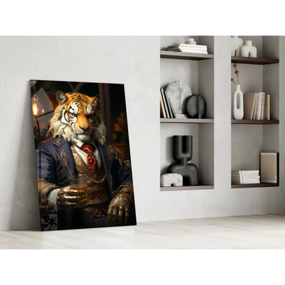 Dapper Tiger in Navy Suit canvas wall art with whiskey glass