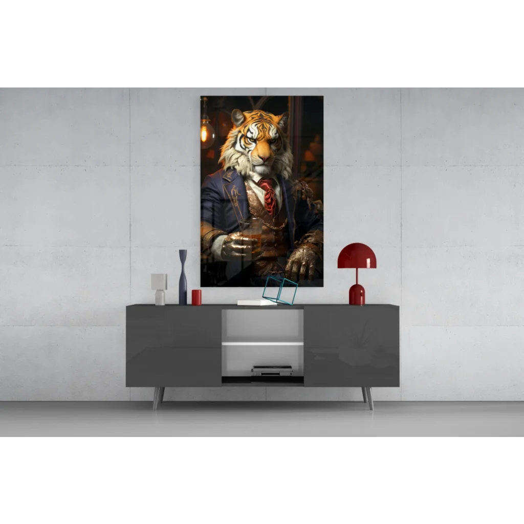 Dapper tiger in navy suit holding wine glass wall art