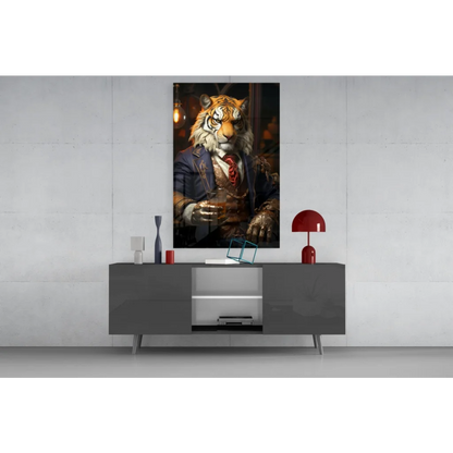 Dapper tiger in navy suit holding wine glass wall art